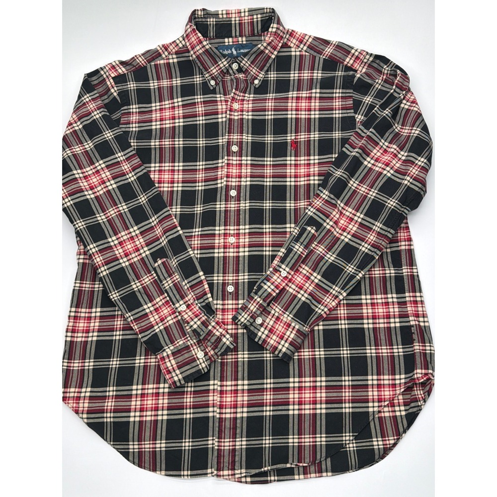 Ralph Lauren Mens Plaid Button Down Shirt Black Red Long Sleeve Pony Logo Large